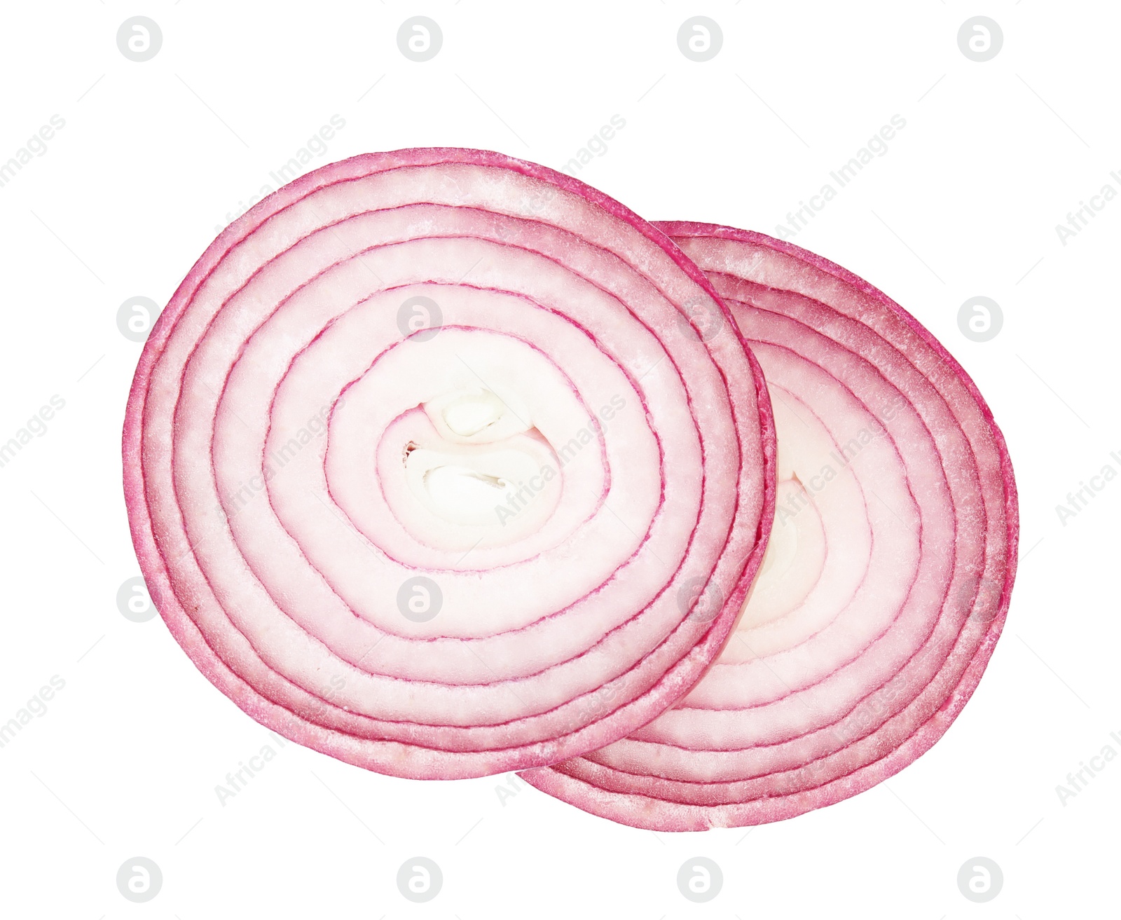 Photo of Fresh slices of red onion on white background, top view