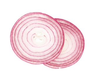 Fresh slices of red onion on white background, top view