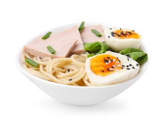 Photo of Bowl of delicious ramen with meat isolated on white. Noodle soup