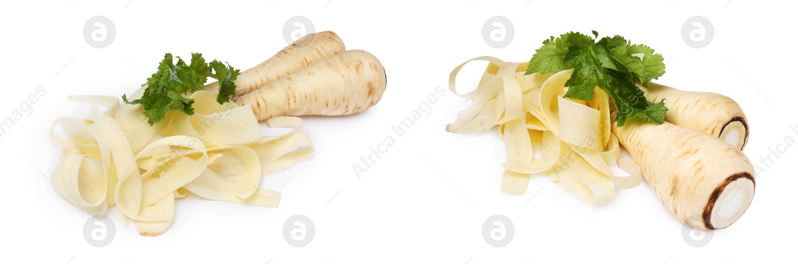 Image of Set with whole and cut parsnip on white background