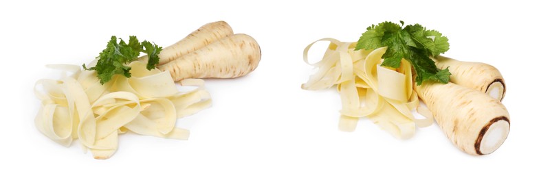 Set with whole and cut parsnip on white background