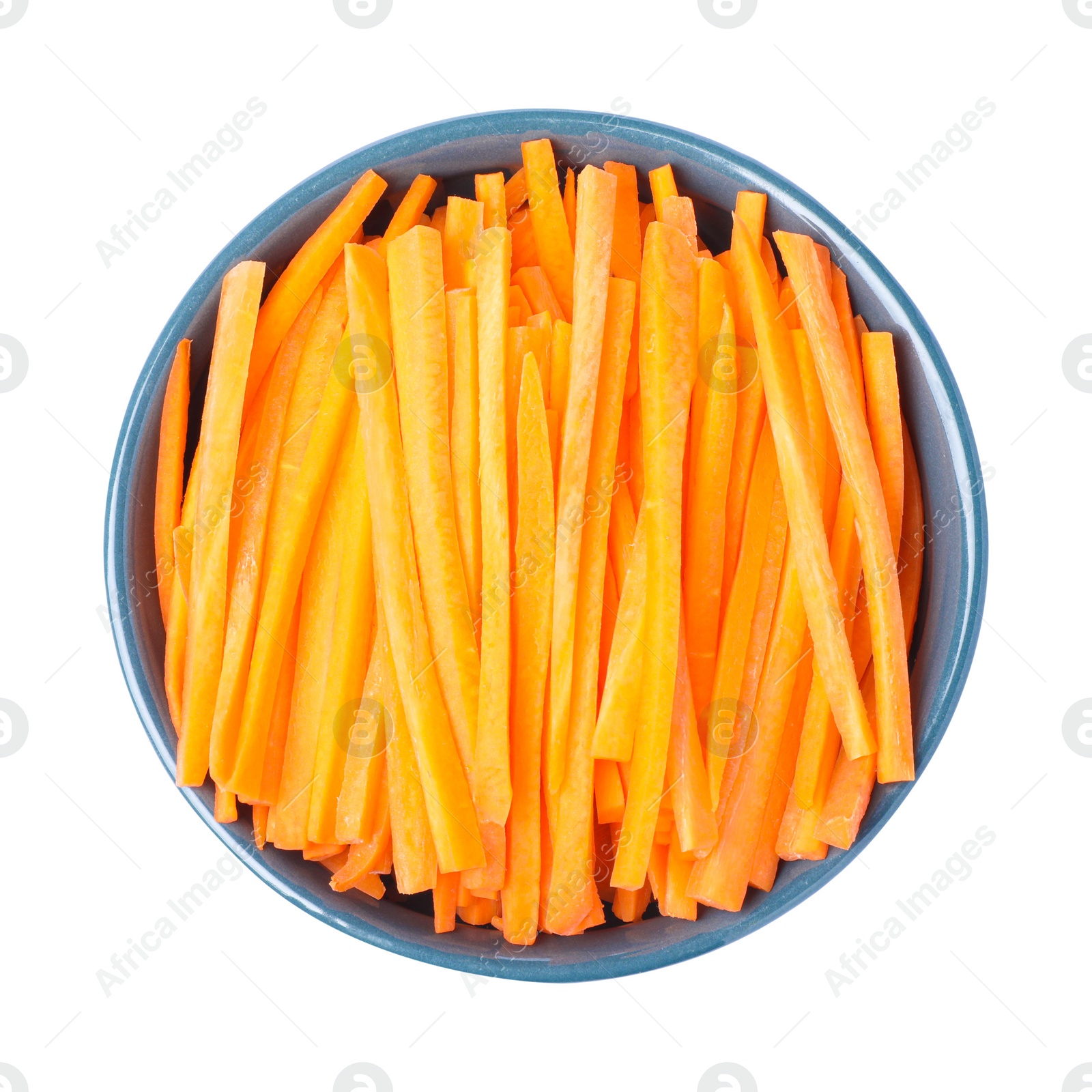 Photo of Bowl of delicious carrot sticks isolated on white