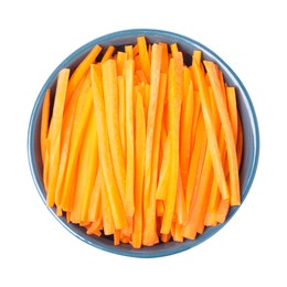 Bowl of delicious carrot sticks isolated on white