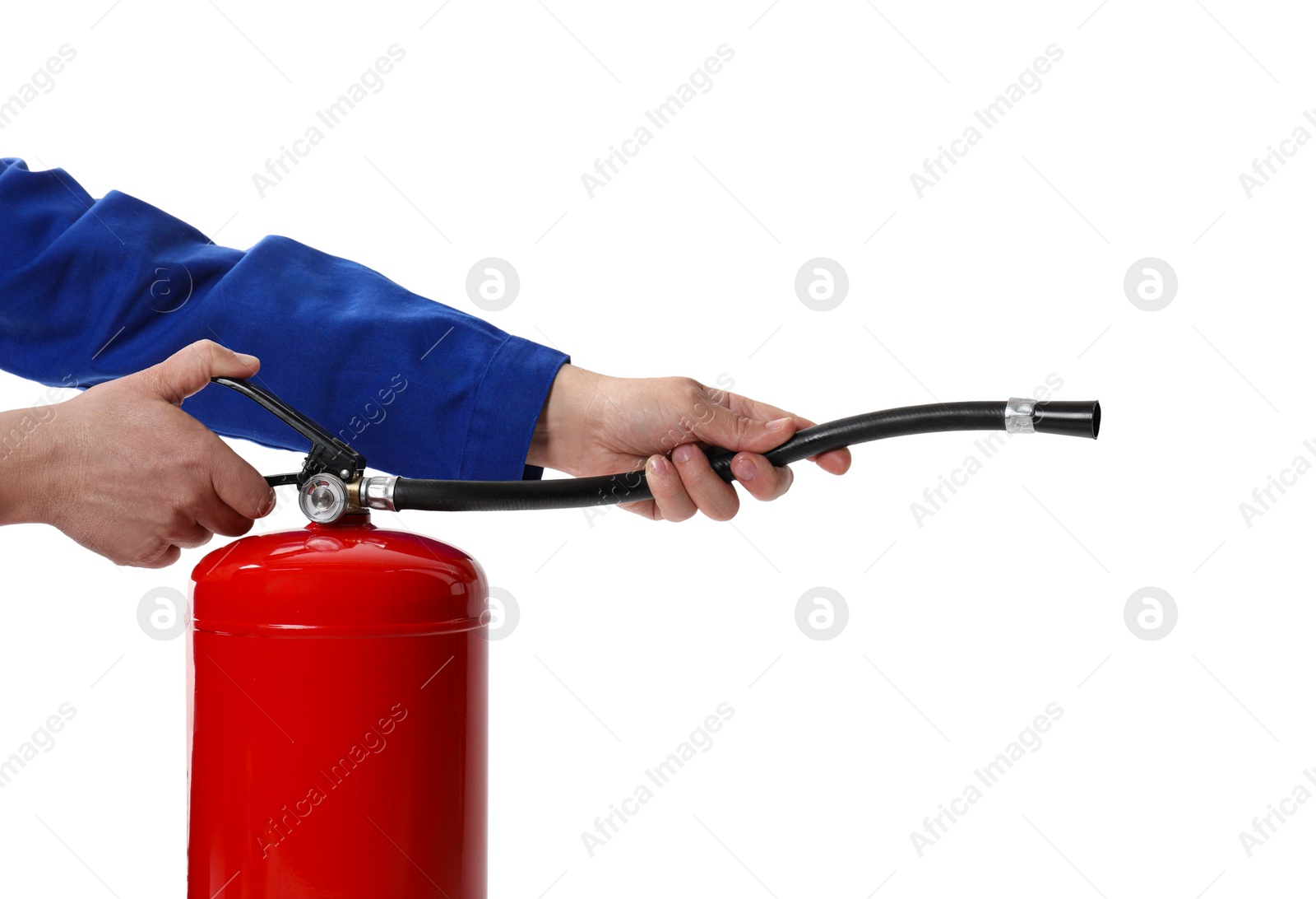 Photo of Man with fire extinguisher on white background, closeup