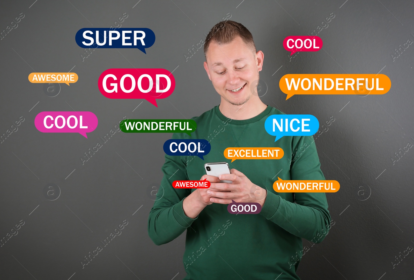 Image of Man using smartphone to give feedback on light grey background. Customer review