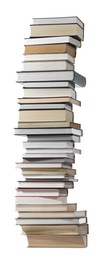 High stack of many different books isolated on white