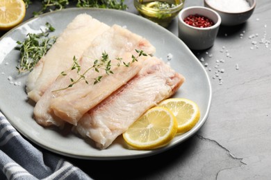 Photo of Plate with raw cod fish, microgreens, lemon and spices on grey textured table, closeup