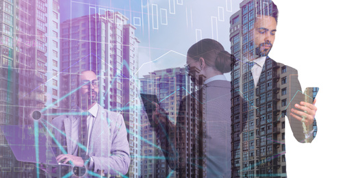 Multiple exposure of scheme, cityscape and businesspeople. Fintech concept