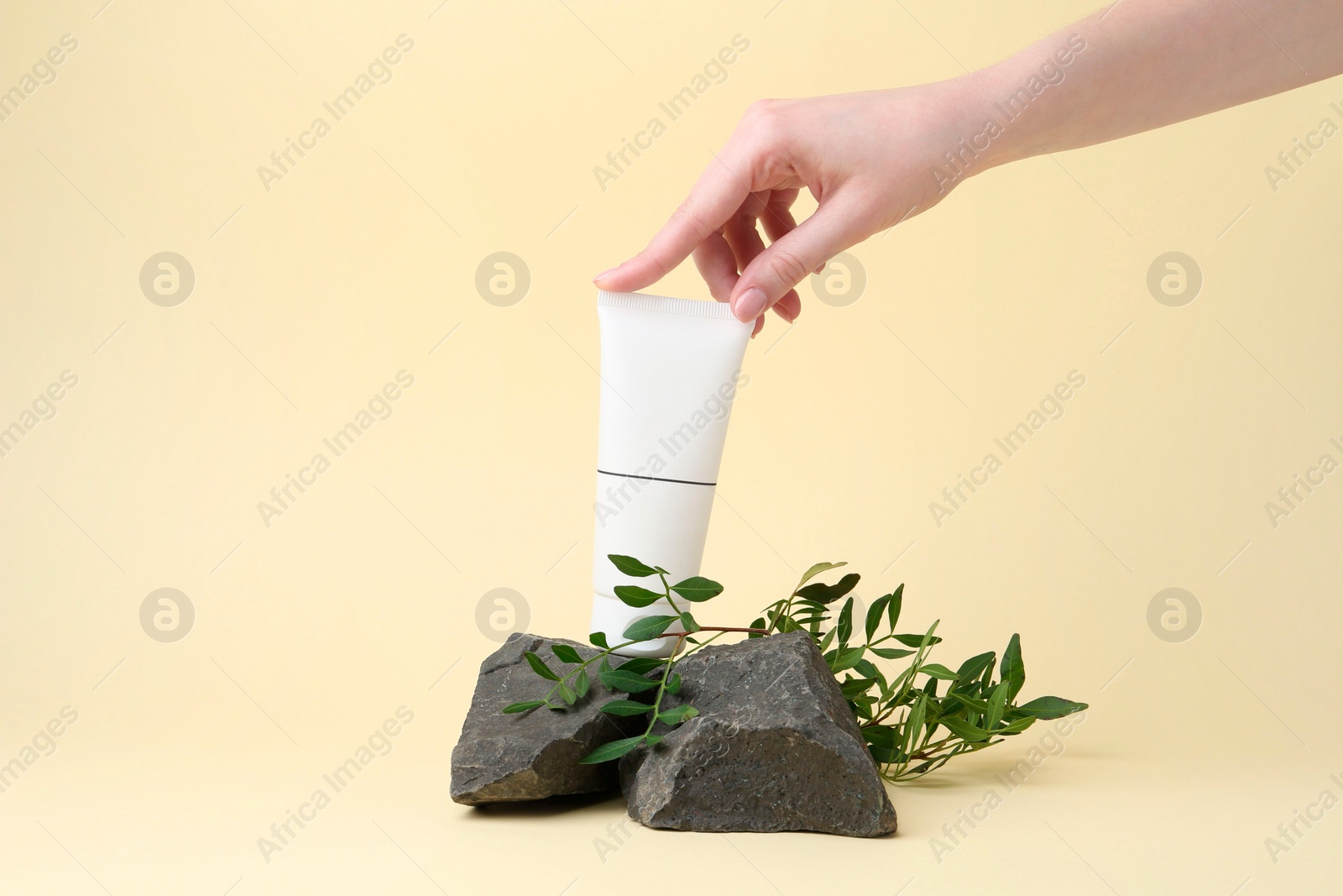 Photo of Woman with tube of cream, branches and stones on light yellow background, closeup