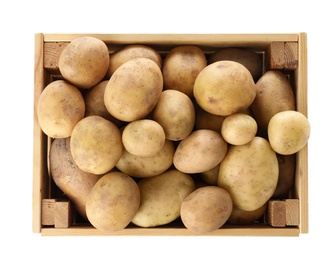 Photo of Wooden crate full of fresh raw potatoes on white background, top view