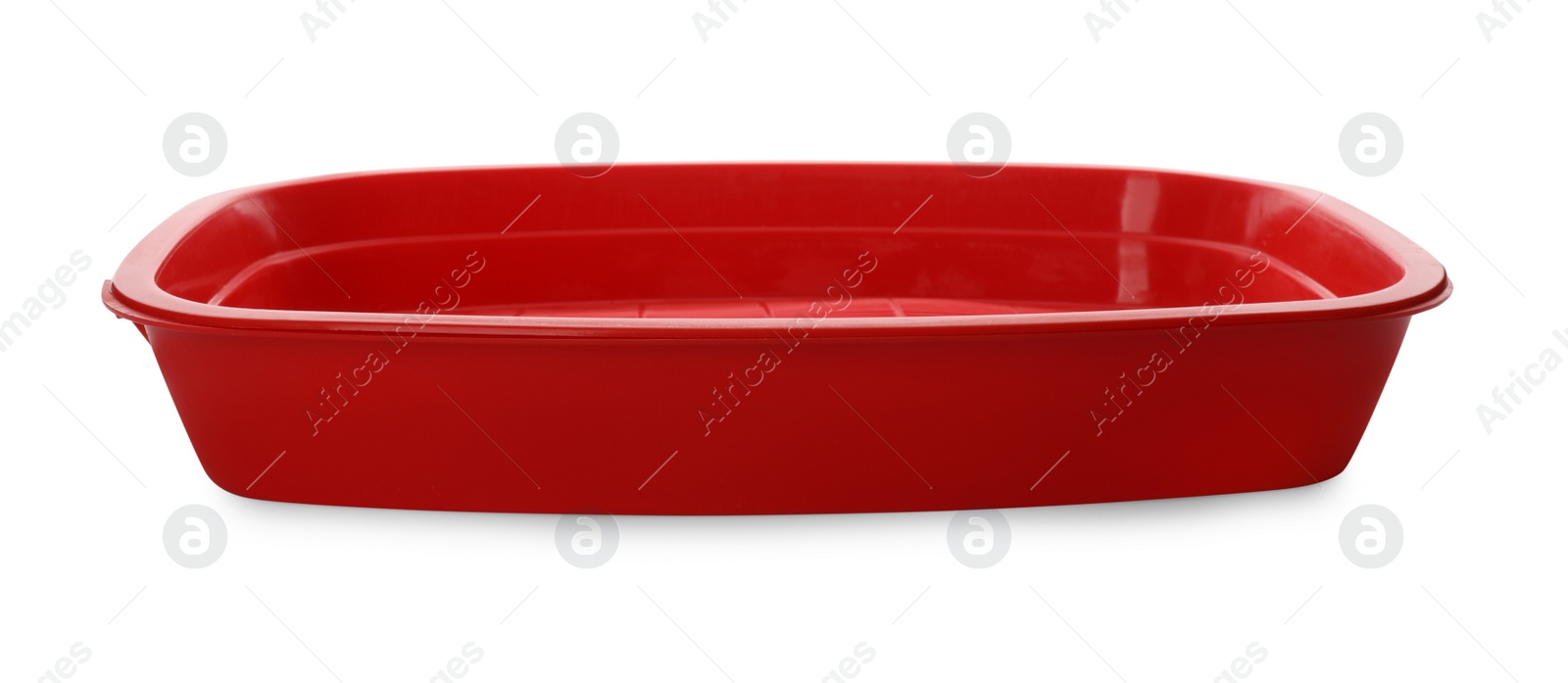 Photo of Empty red cat litter tray isolated on white