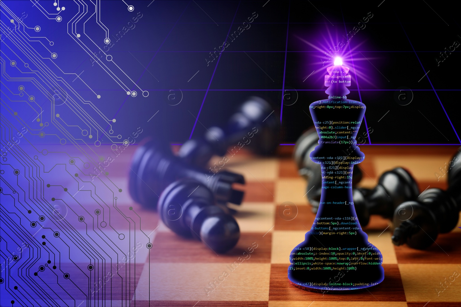 Image of Chess piece filled with programming code standing among fallen ones, circuit board pattern