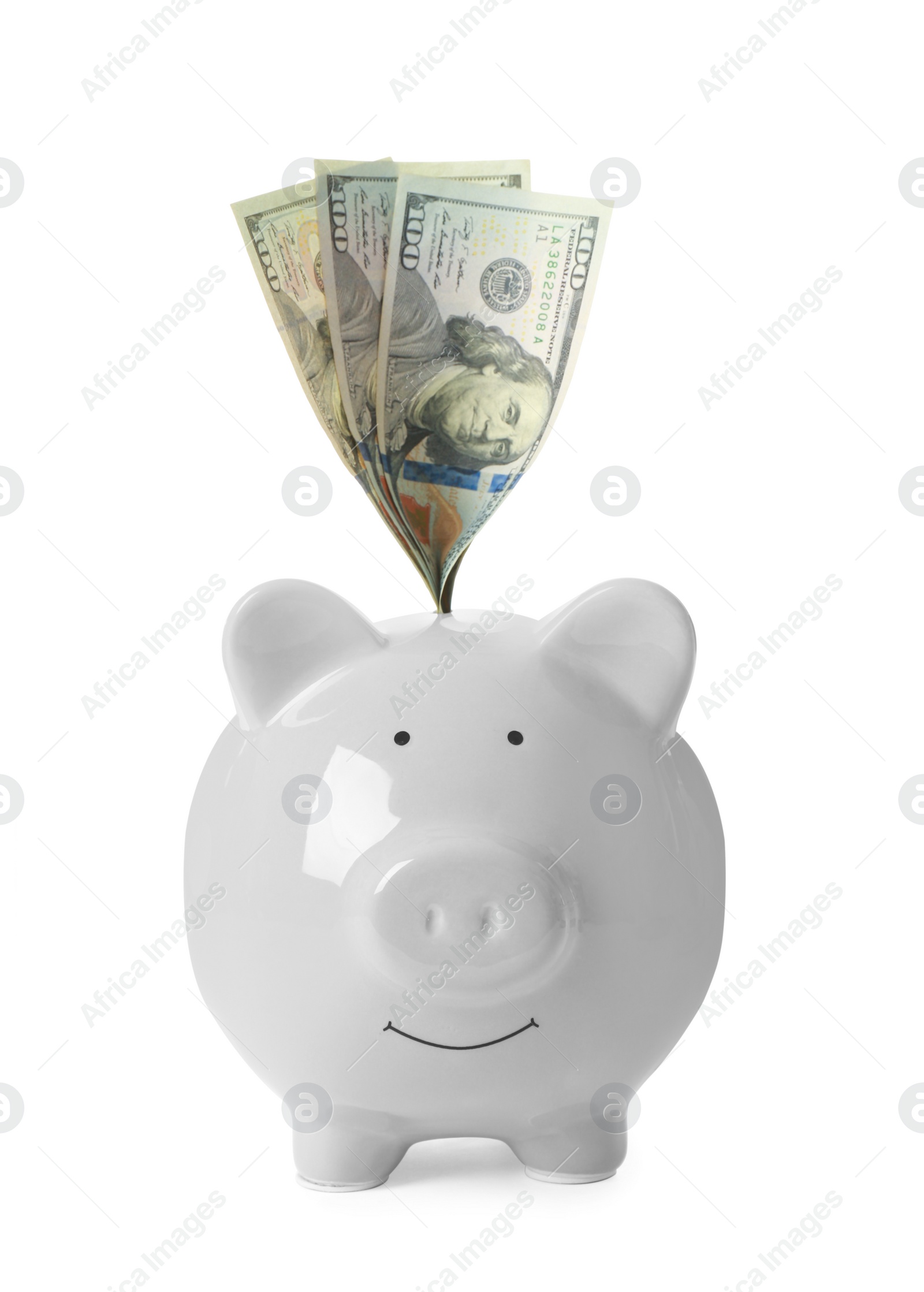 Photo of Piggy bank and money on white background