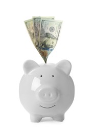 Piggy bank and money on white background