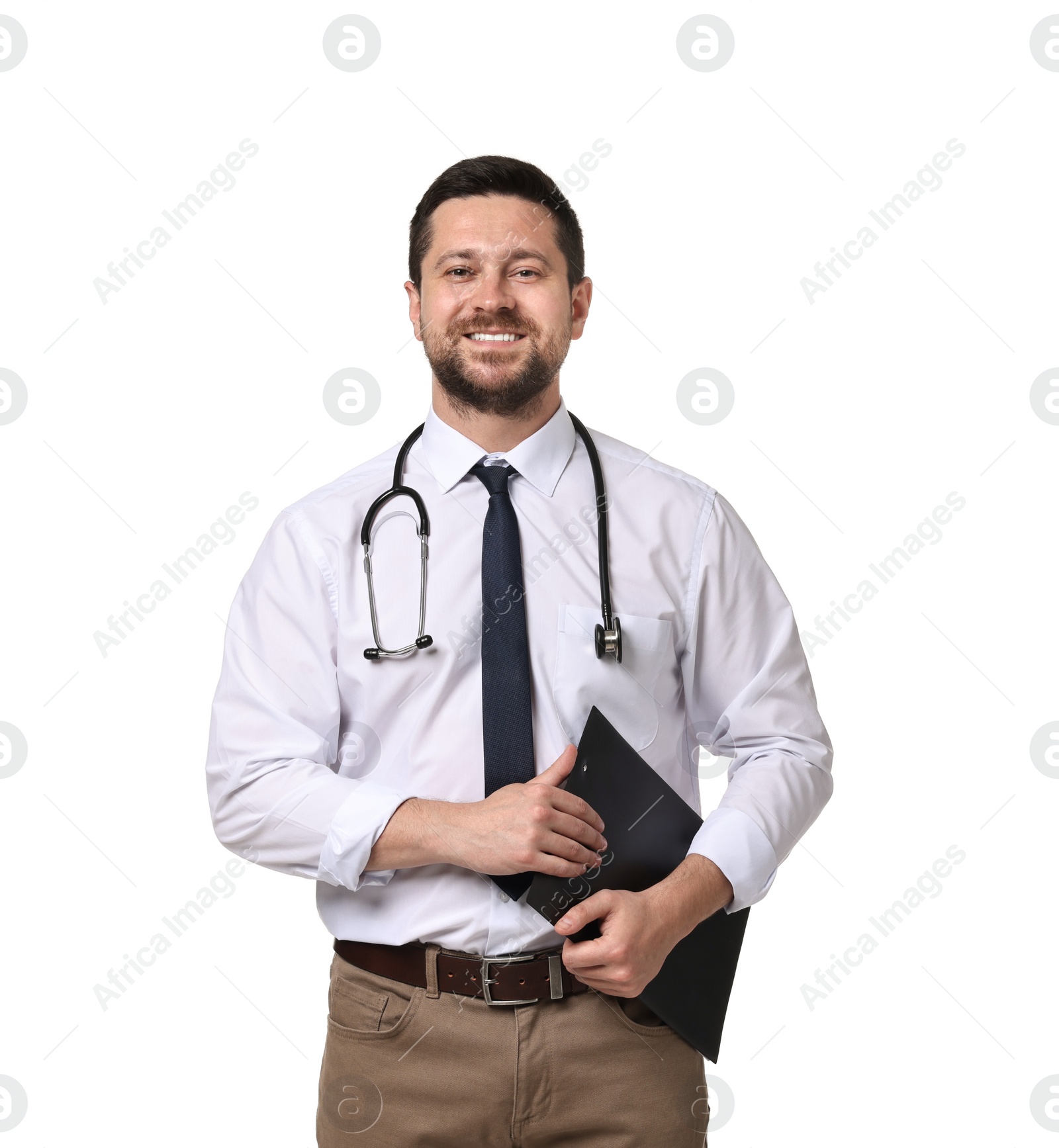 Photo of Portrait of happy doctor with stethoscope and clipboard on white background