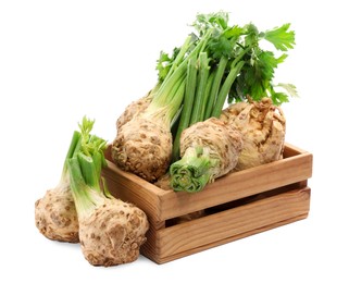 Photo of Wooden crate and fresh raw celery roots isolated on white