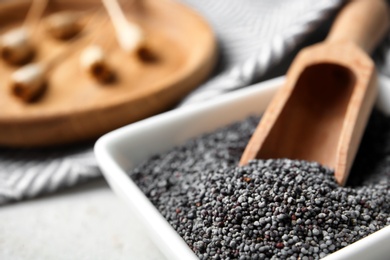 Photo of Bowl with scoop and poppy seeds on table, closeup