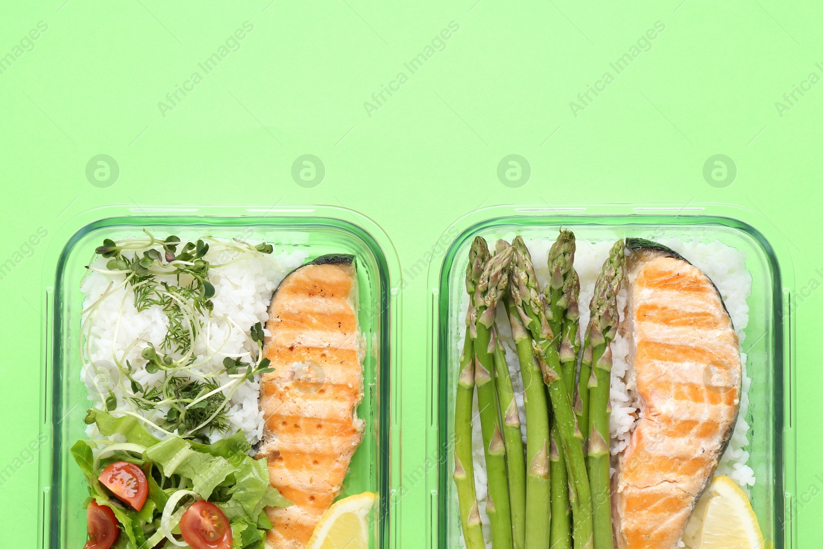 Photo of Healthy food. Different meals in glass containers on green background, top view