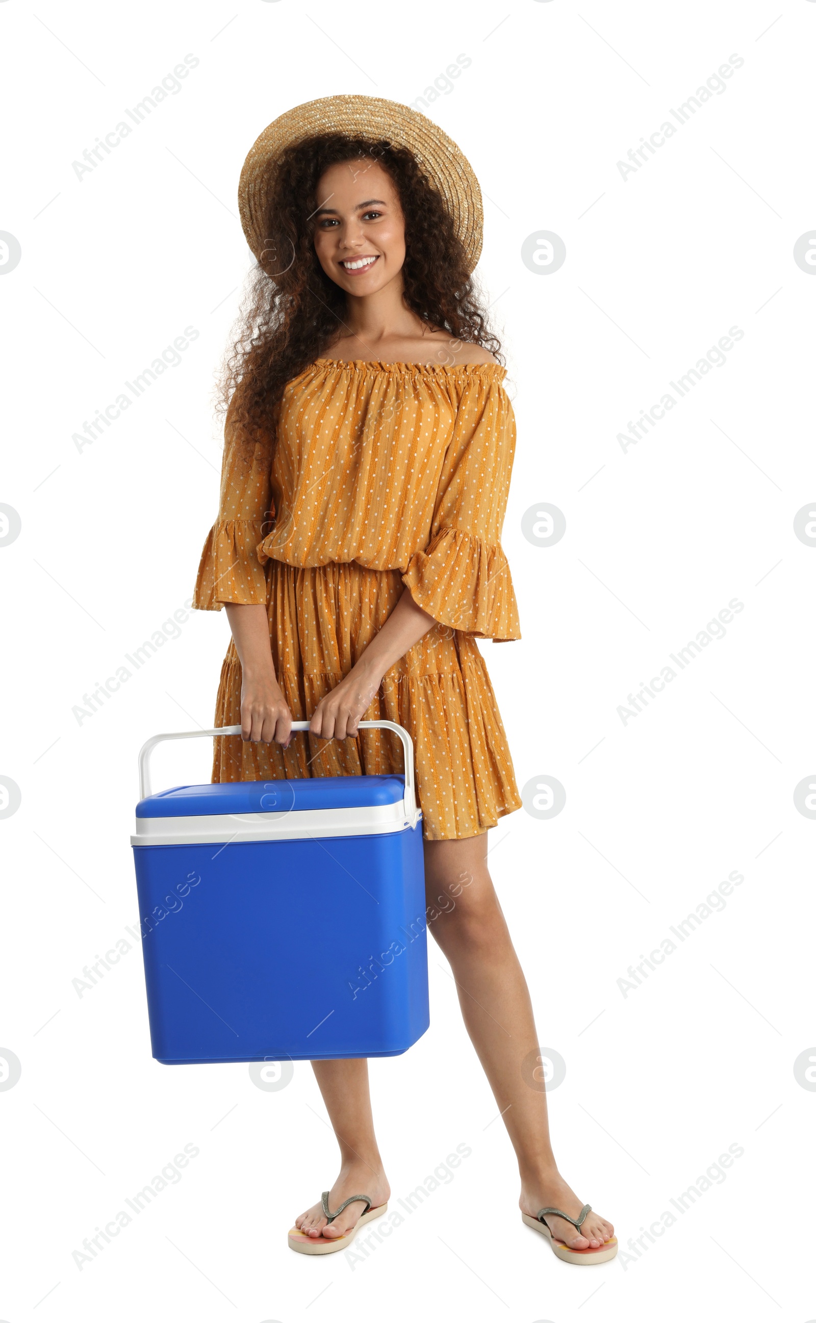 Photo of Happy young African American woman with cool box on white background