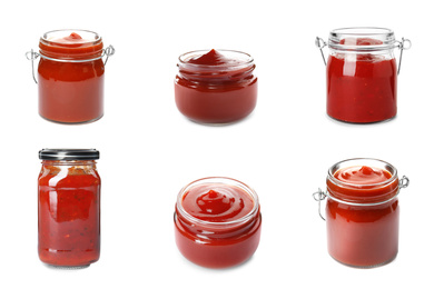 Set of tomato sauces in glass jars on white background