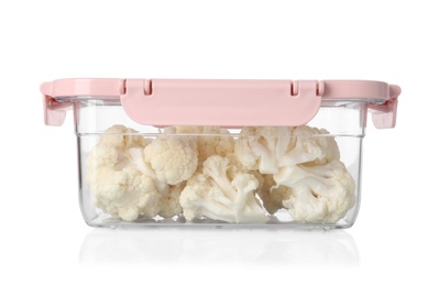 Photo of Box with cut fresh raw cauliflowers on white background