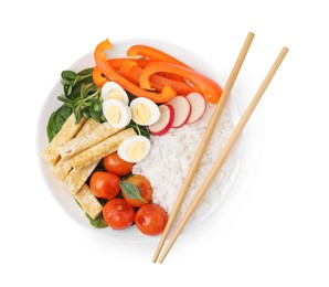 Delicious poke bowl with basil, vegetables, eggs and tofu isolated on white, top view