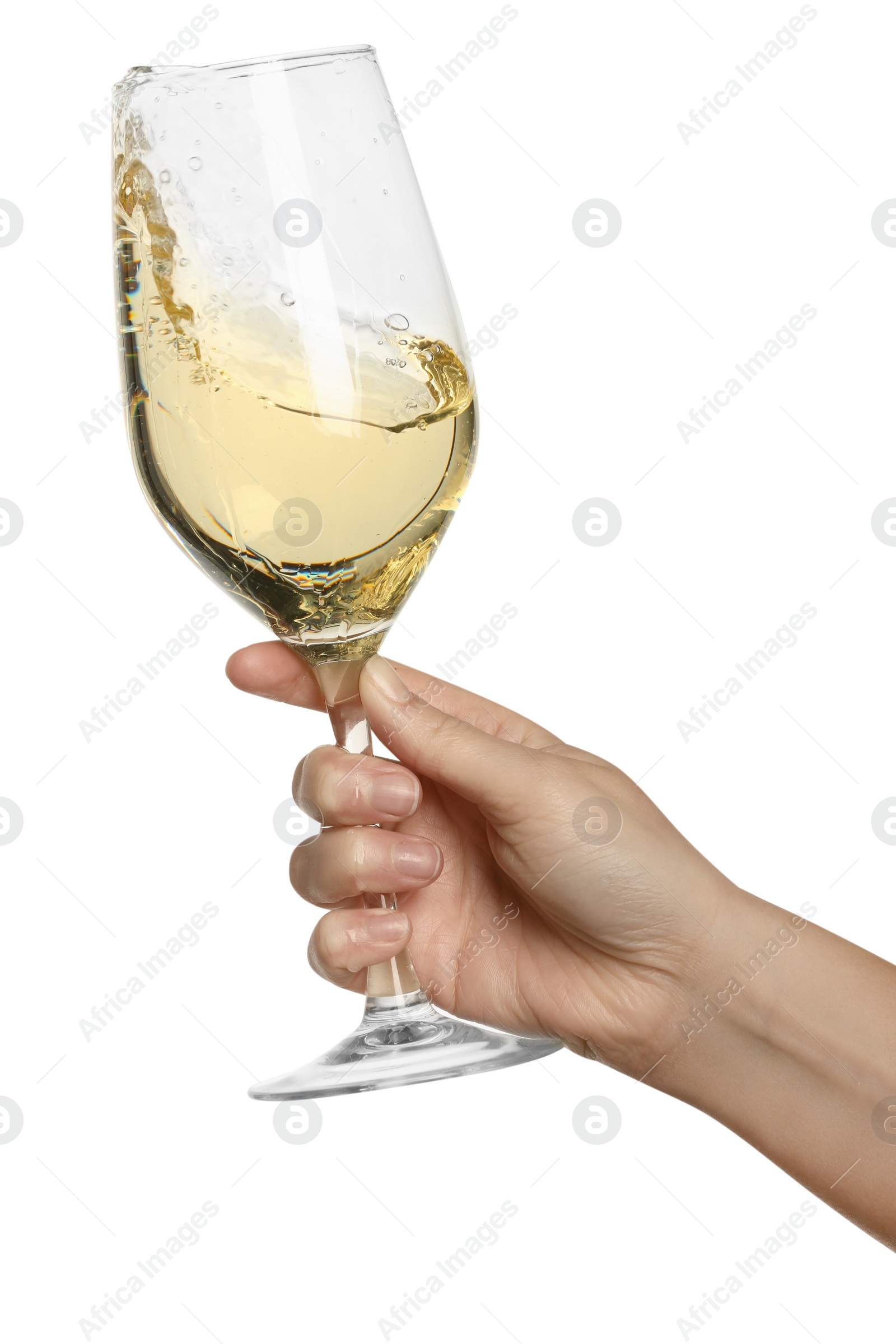 Photo of Woman with tasty aromatic wine splashing out of glass on white background, closeup