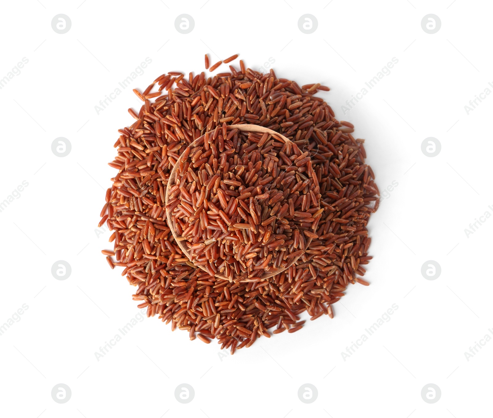 Photo of Bowl and uncooked brown rice on white background, top view