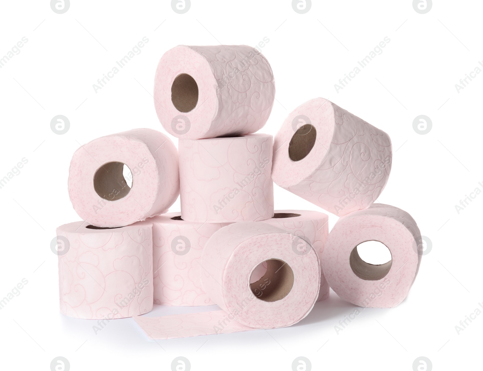 Photo of Color toilet paper rolls on white background