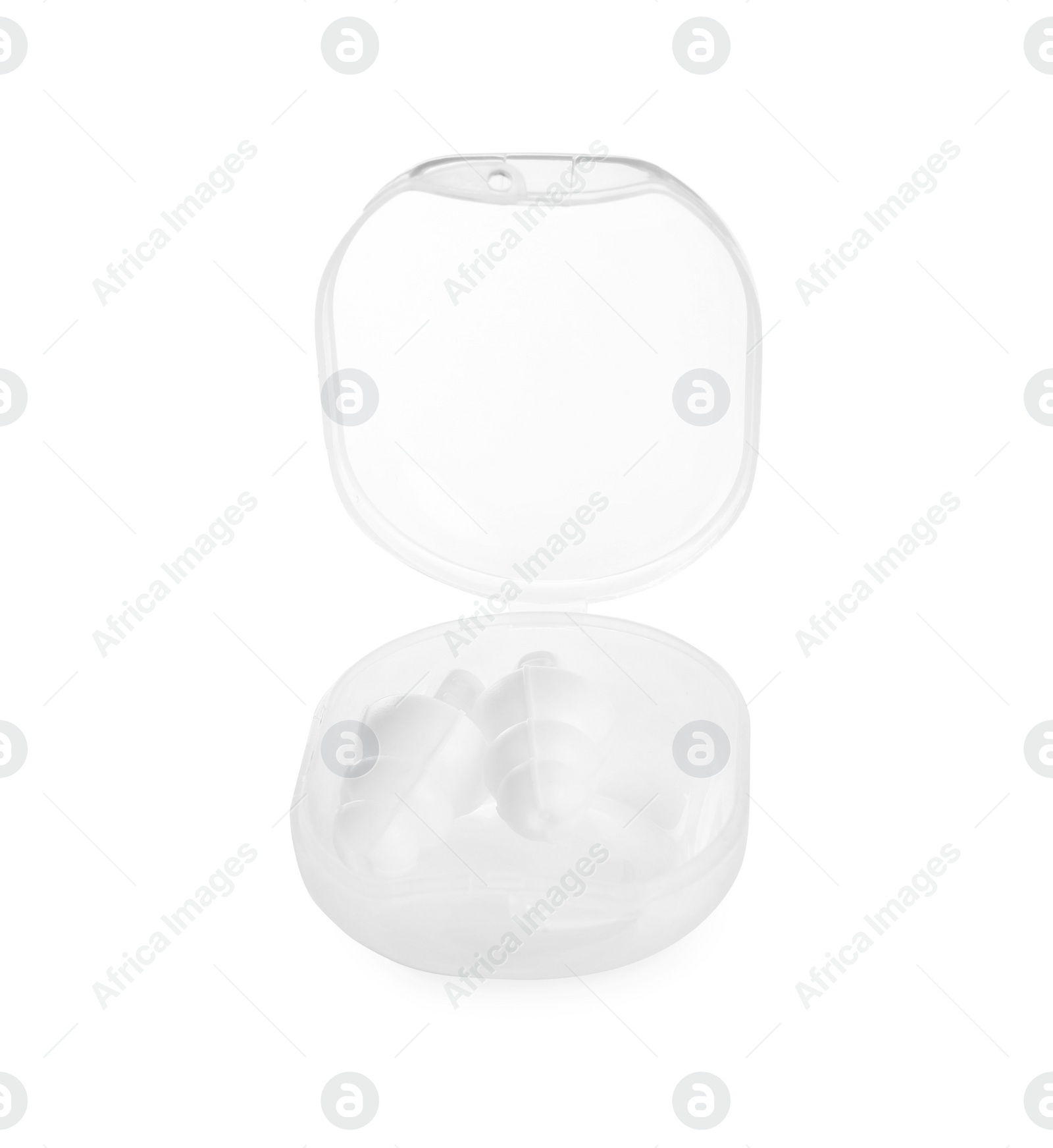 Photo of Transparent plastic case with ear plugs isolated on white