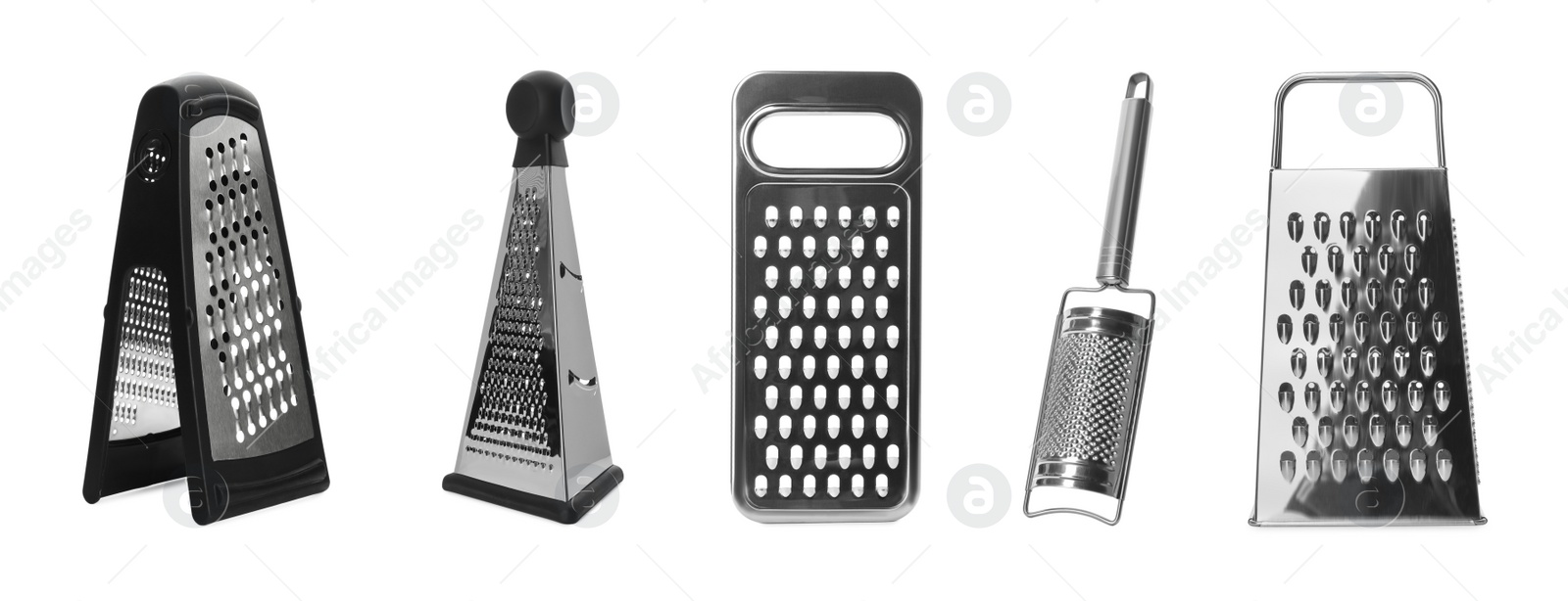 Image of Set with different graters on white background. Banner design