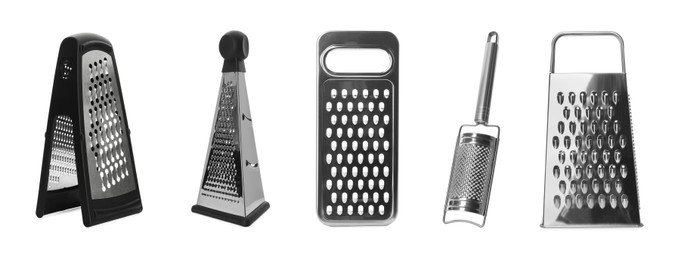 Image of Set with different graters on white background. Banner design