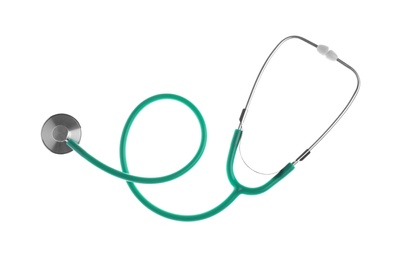 Photo of Stethoscope on white background, top view. Medical device