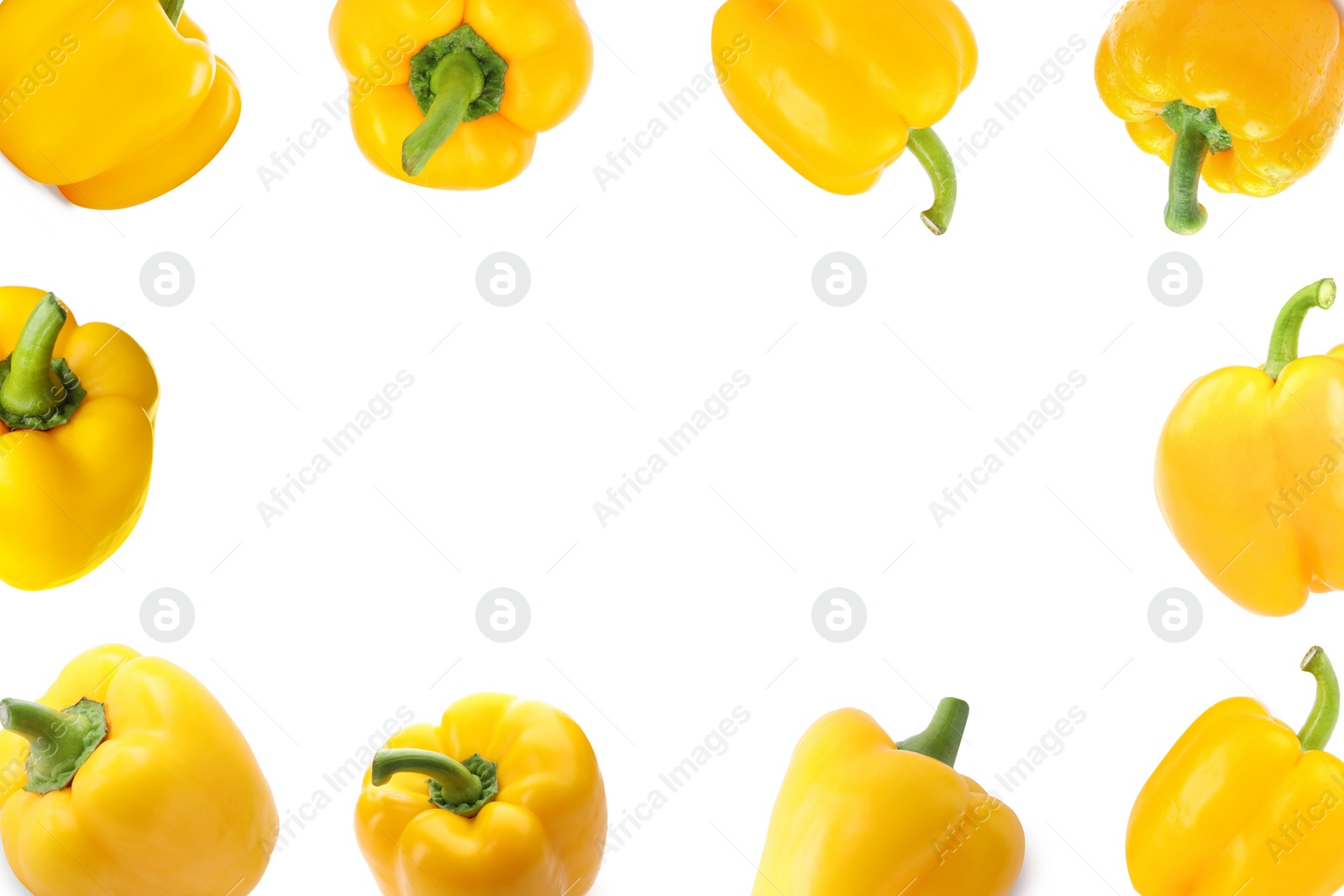 Image of Frame of whole sweet yellow bell peppers on white background