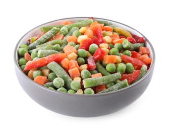 Mix of different frozen vegetables in bowl isolated on white