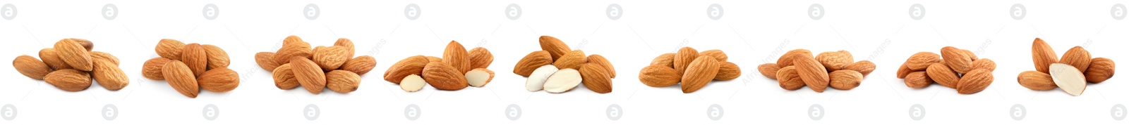 Image of Set with tasty almond nuts on white background. Banner design