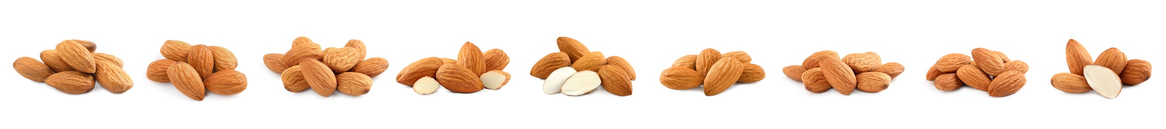 Set with tasty almond nuts on white background. Banner design