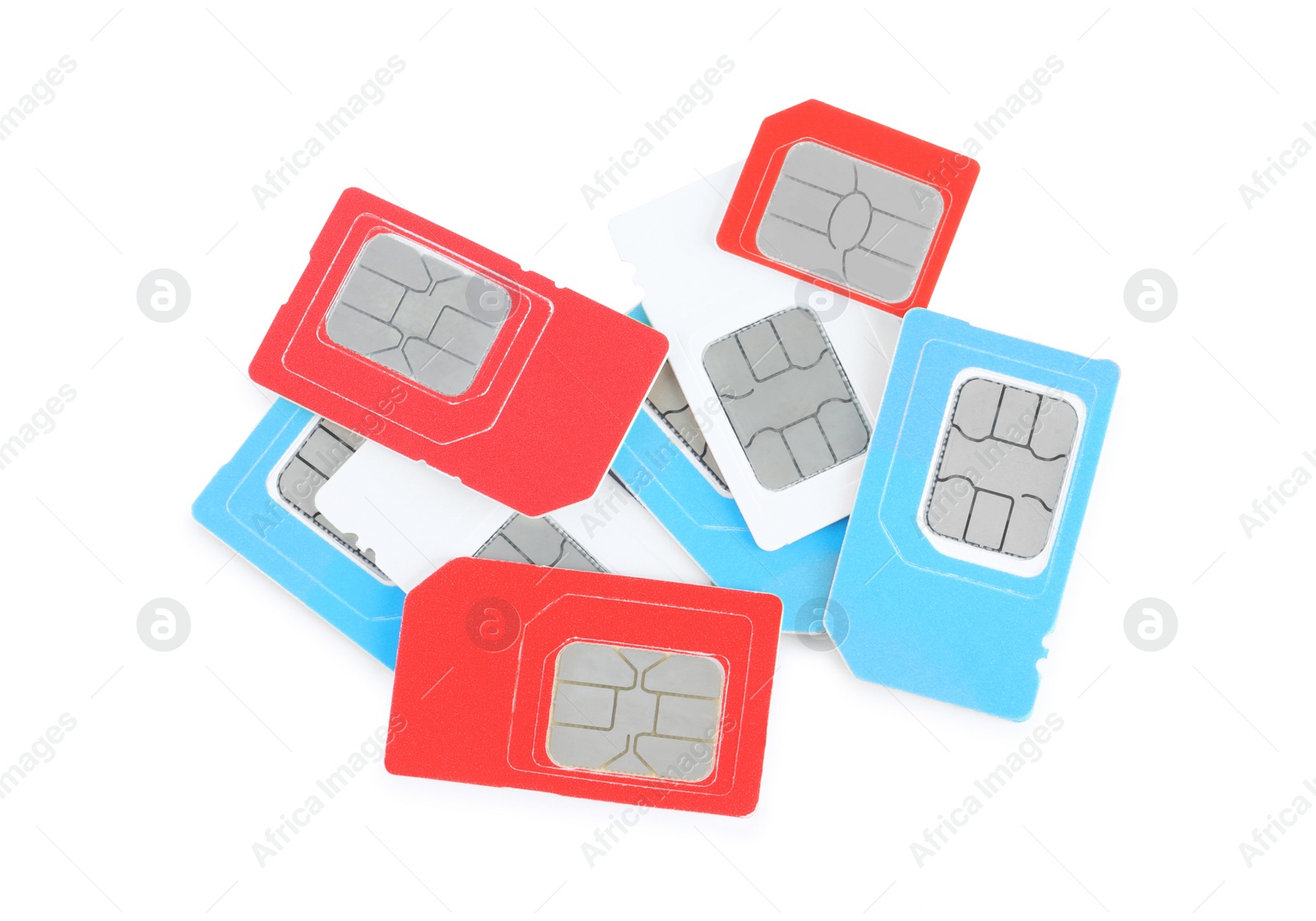 Photo of Pile of different SIM cards on white background, top view