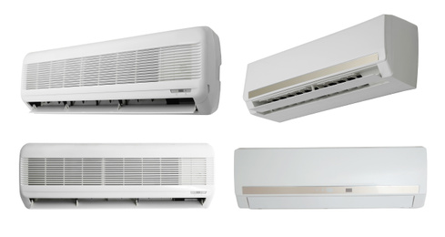 Image of Set with different modern air conditioners on white background. Banner design