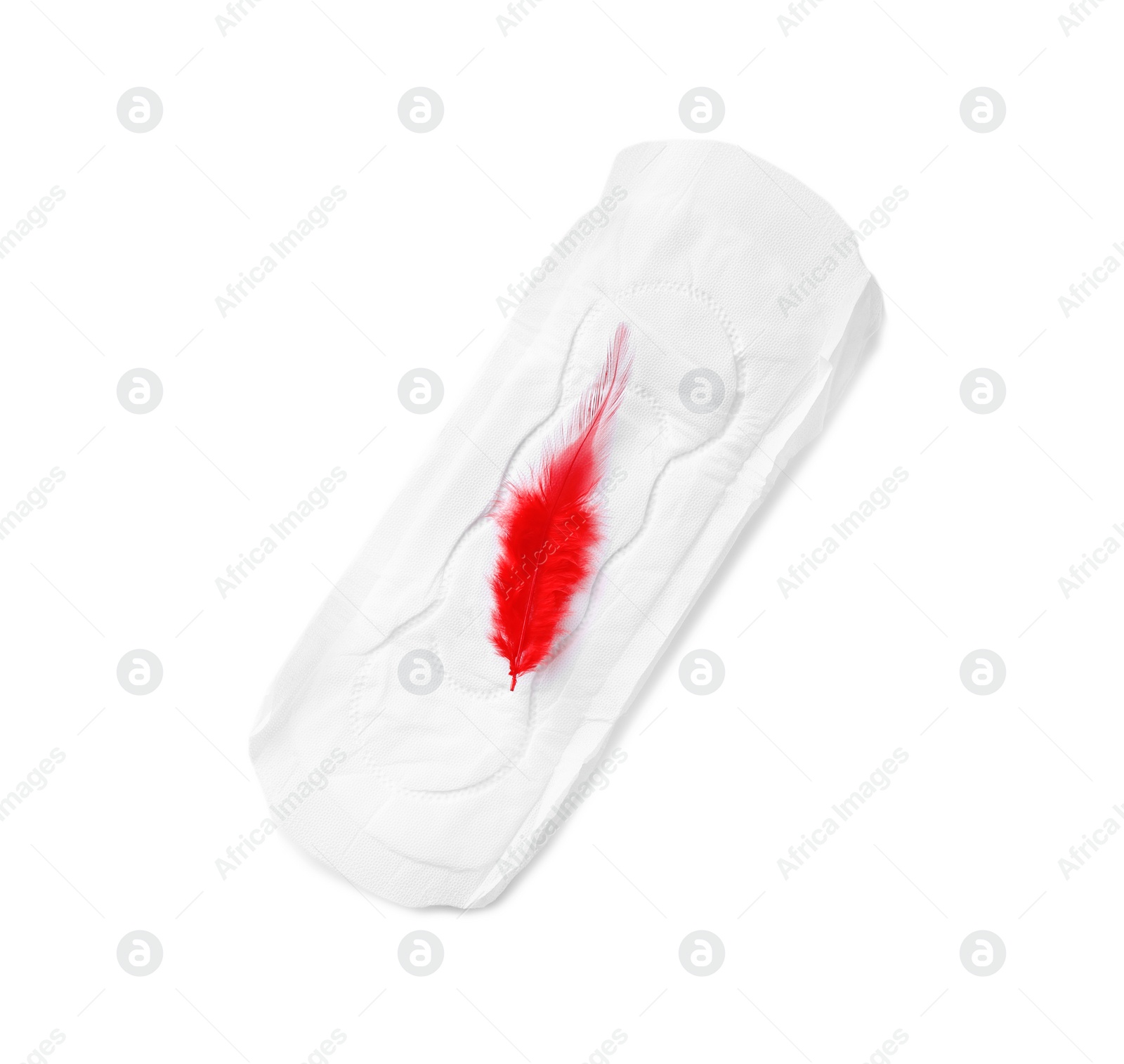 Photo of Menstrual pad and red feather on white background, top view. Gynecological care