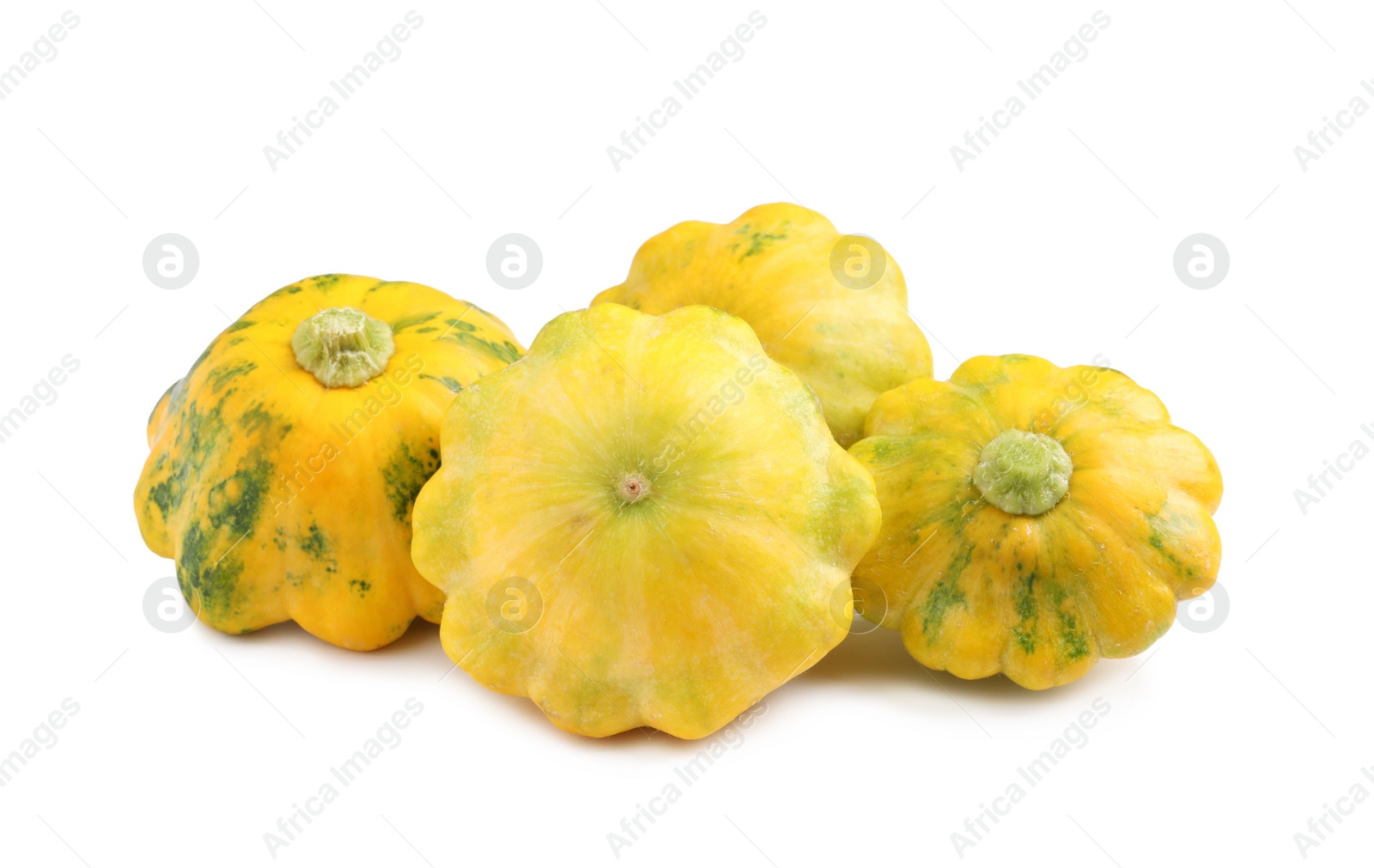 Photo of Fresh ripe pattypan squashes on white background