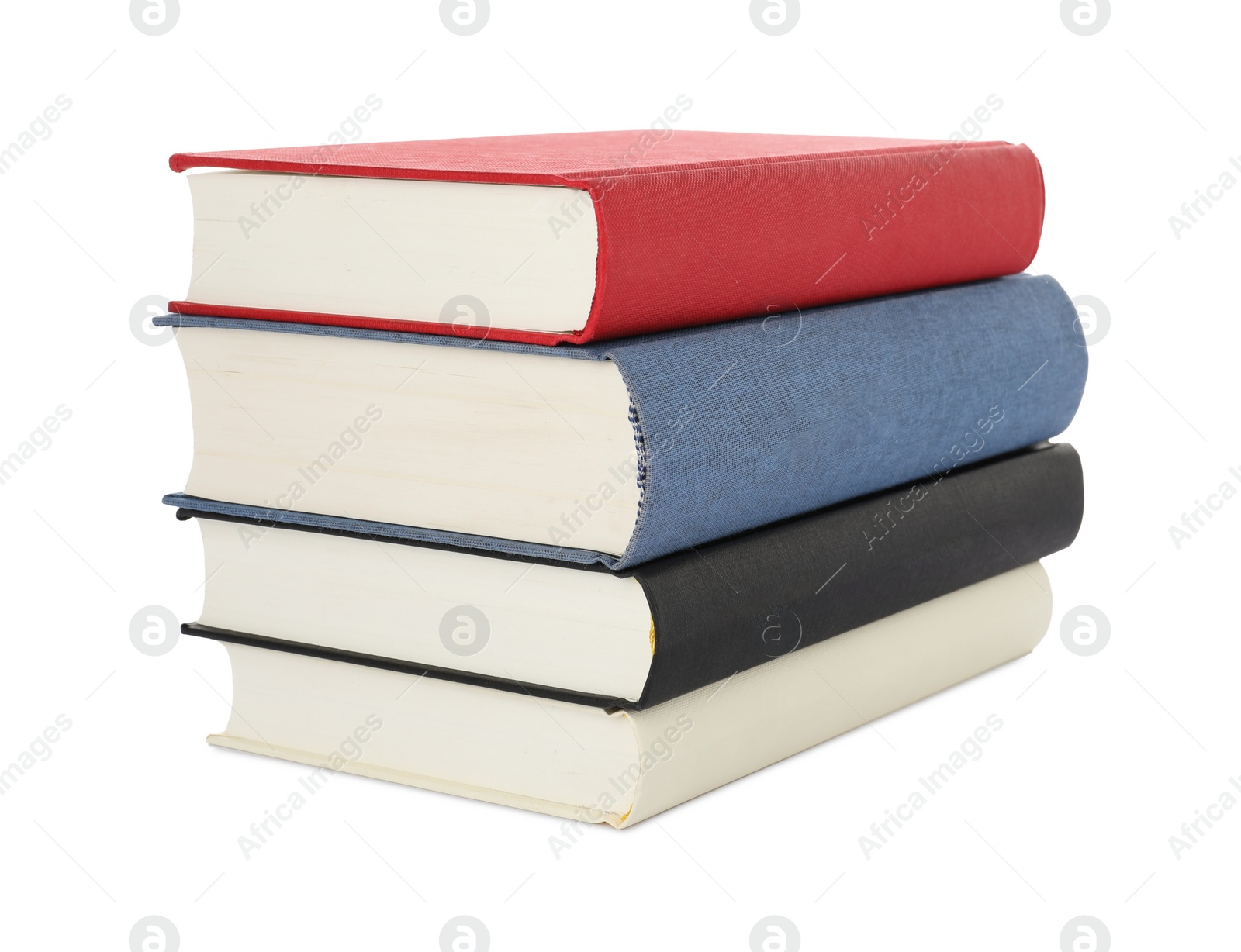 Photo of Many different books stacked on white background