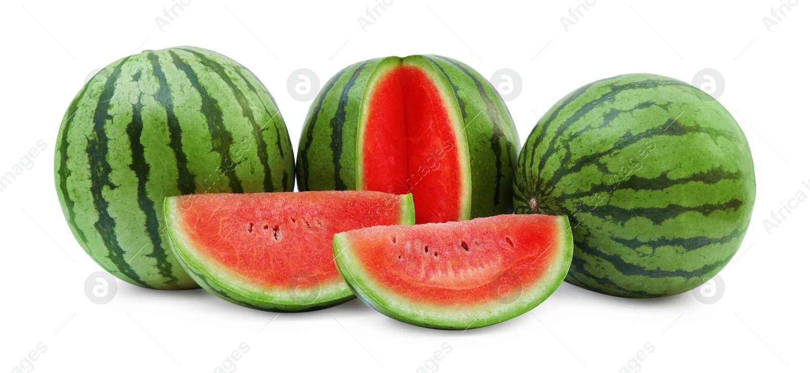 Photo of Delicious cut and whole ripe watermelons isolated on white