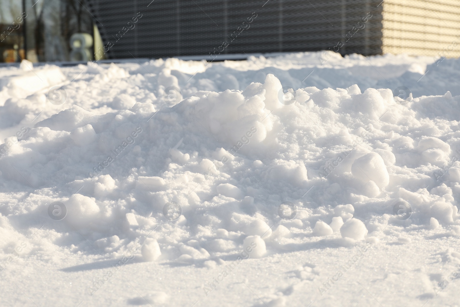 Photo of Beautiful fluffy snow outdoors on sunny day. Winter season