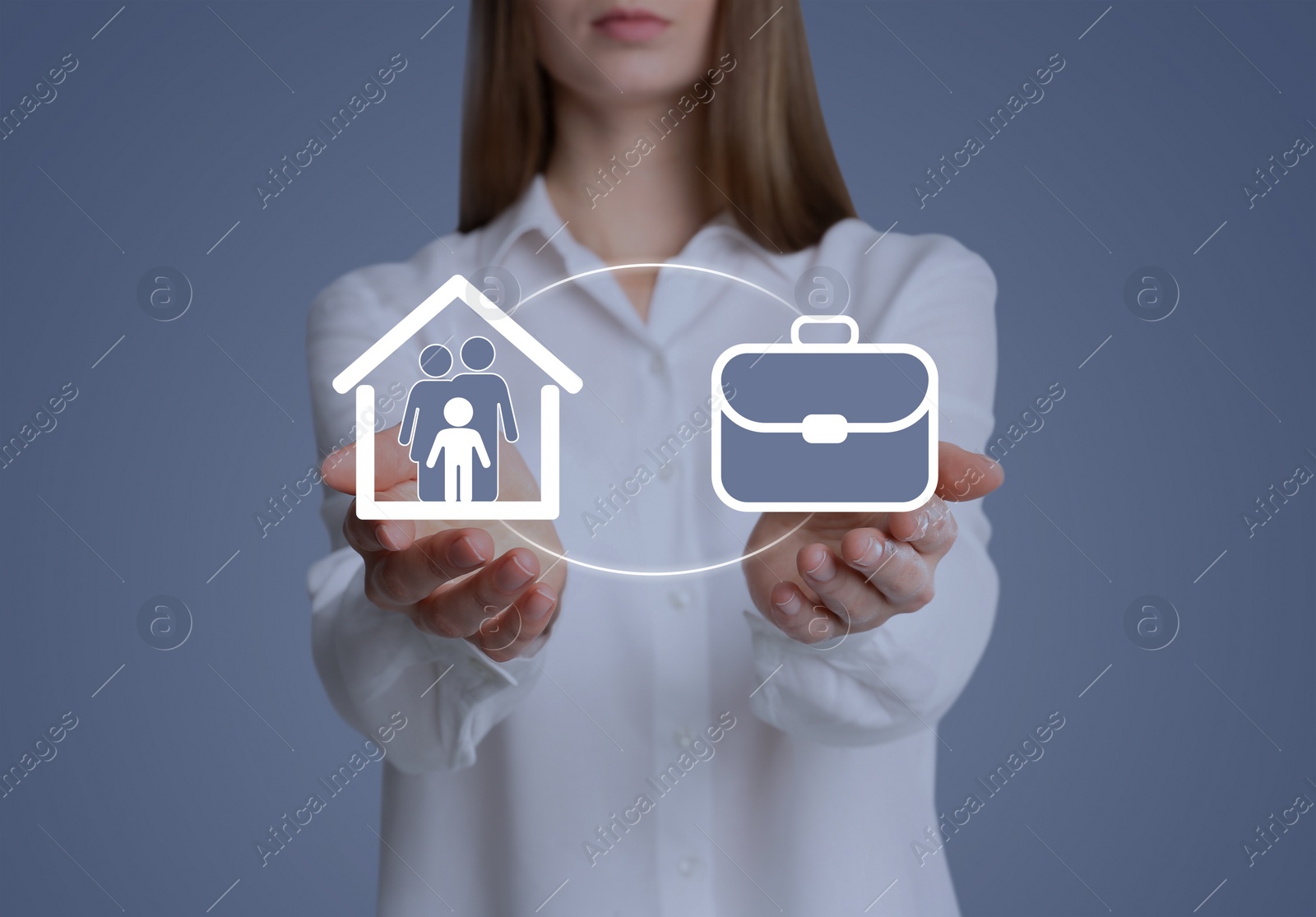 Image of Woman holding virtual icons against grey background, closeup. Concept of balance between life and work