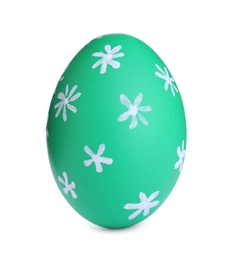 Photo of Painted green egg with pattern isolated on white. Happy Easter