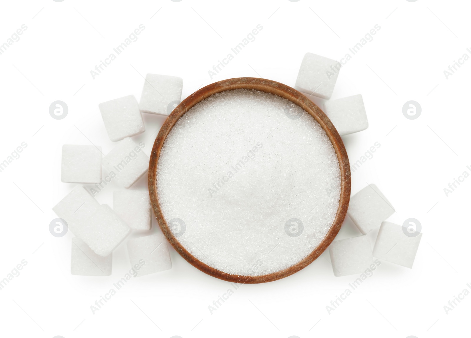 Photo of Different types of sugar isolated on white, top view