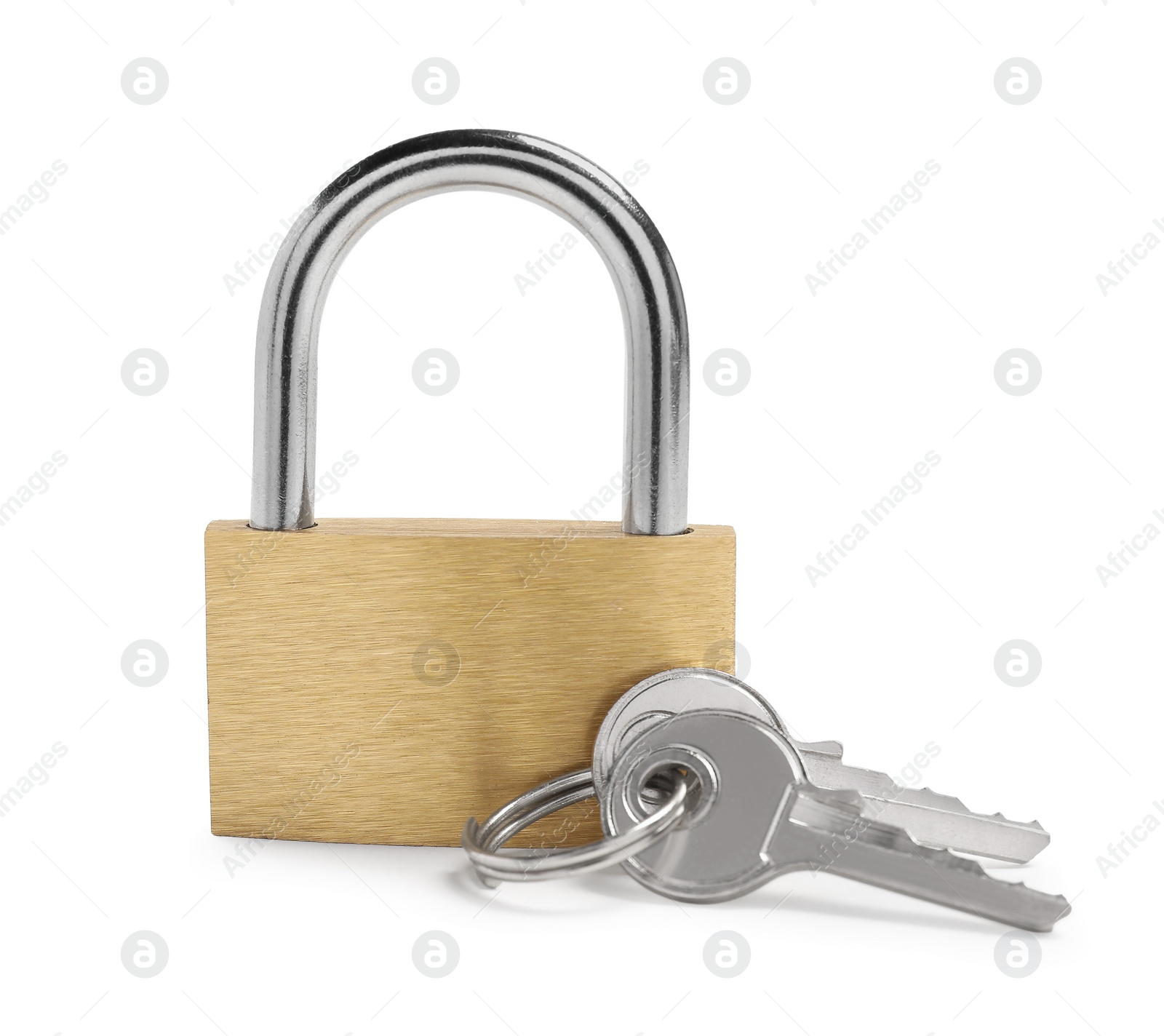 Photo of Steel padlock and keys isolated on white