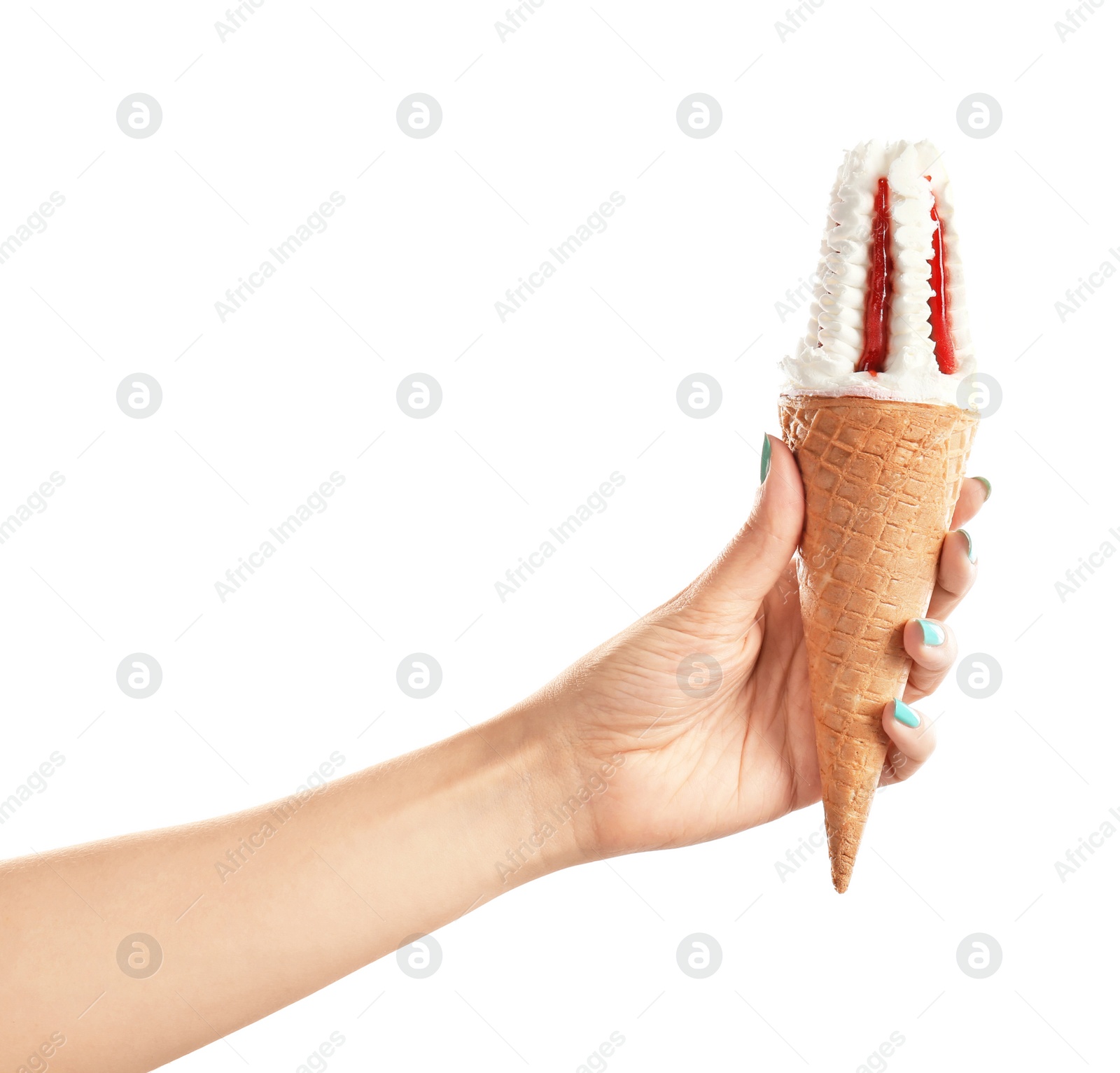 Photo of Woman holding yummy ice cream on white background. Focus on hand