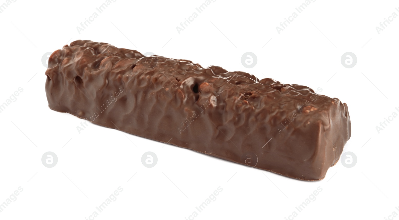 Photo of Tasty chocolate glazed protein bar isolated on white. Healthy snack